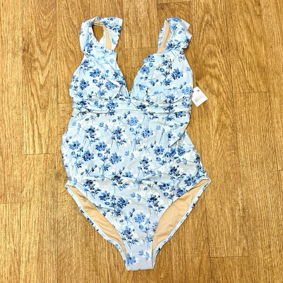 A Pea in the Pod Maternity Blue Floral Ruffle One-Piece Swimsuit Size Medium - Picture 4 of 13